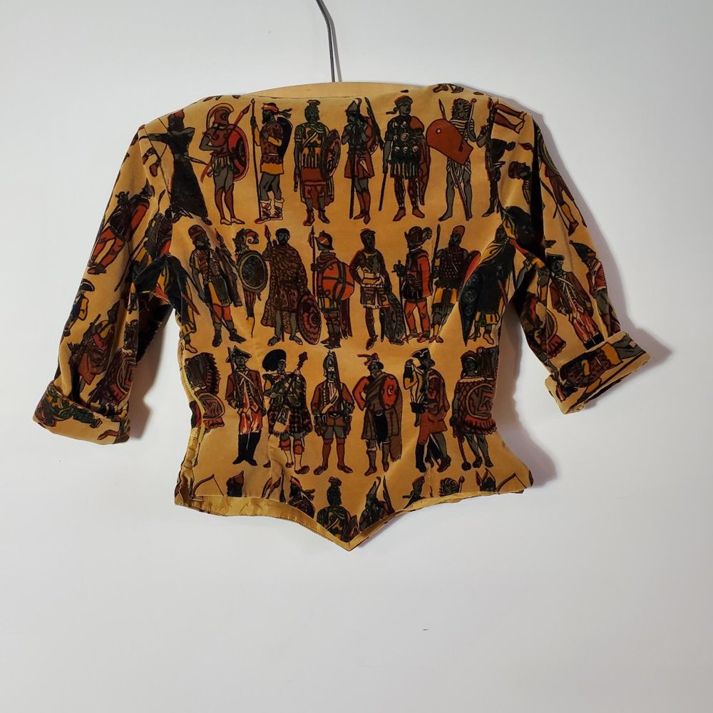 Vintage Velvet Boat Neck Medieval Knights Warriors Print Armor Cropped Shirt - Picture 3 of 15